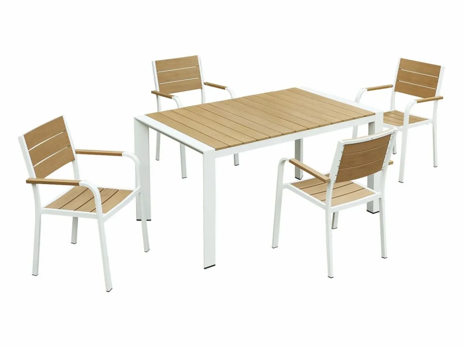 MYLIA Comedor de jardín de aluminio: una mesa de 150 cm y 4 sillones apilables - Natural claro y blanco - NYROS de