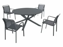 MYLIA Comedor de jardín de aluminio: una mesa redonda extensible L.150/200 cm y 4 sillones apilables - Antracita - VELYRA de