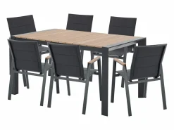 Clearance MYLIA Comedor de jardín de aluminio: una mesa L.150 cm y 6 sillones apilables - Natural claro y antracita - LIOUS de Gris antracita / Color natural claro