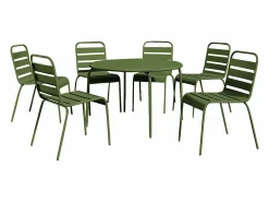 Comedor de jardín de metal - Mesa redonda D.130cm y 6 sillas apilables - Verde caqui - MIRMANDE de Comedores De Jardín