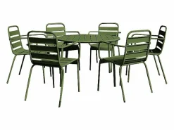 Clearance Comedor de jardín de metal - Mesa redonda D.130cm y 6 sillones apilables - Verde - MIRMANDE de Comedores De Jardín