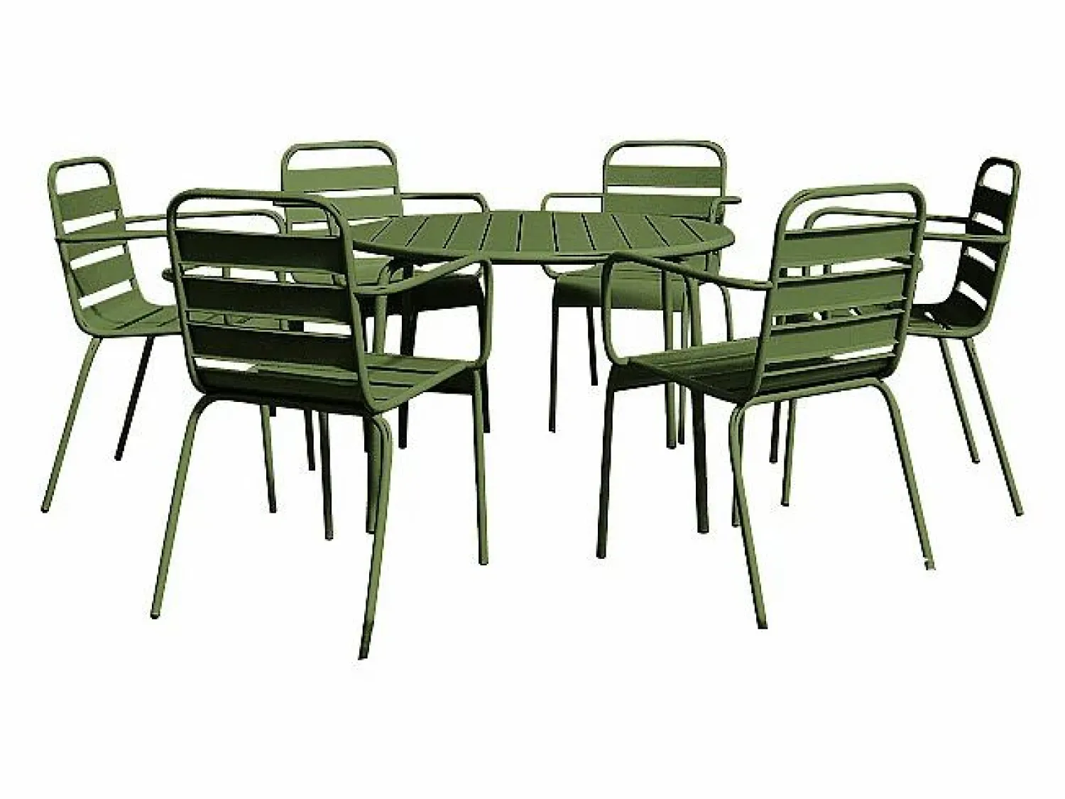 Clearance Comedor de jardín de metal - Mesa redonda D.130cm y 6 sillones apilables - Verde - MIRMANDE de Comedores De Jardín