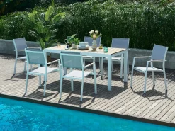 MYLIA Comedor de jardín extensible aluminio poliwood L.170 / 230 cm y 6 sillas Gris MACILA Blanco