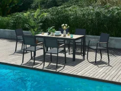 Online MYLIA Comedor de jardín extensible aluminio poliwood L.170/230 cm + 6 sillones Antracita MACILA Gris antracita