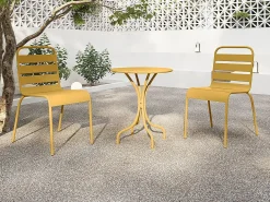 Sale MYLIA Comedor jardín metal - una mesa D.60cm y 2 sillas apilables - Amarillo - MIRMANDE Mostaza