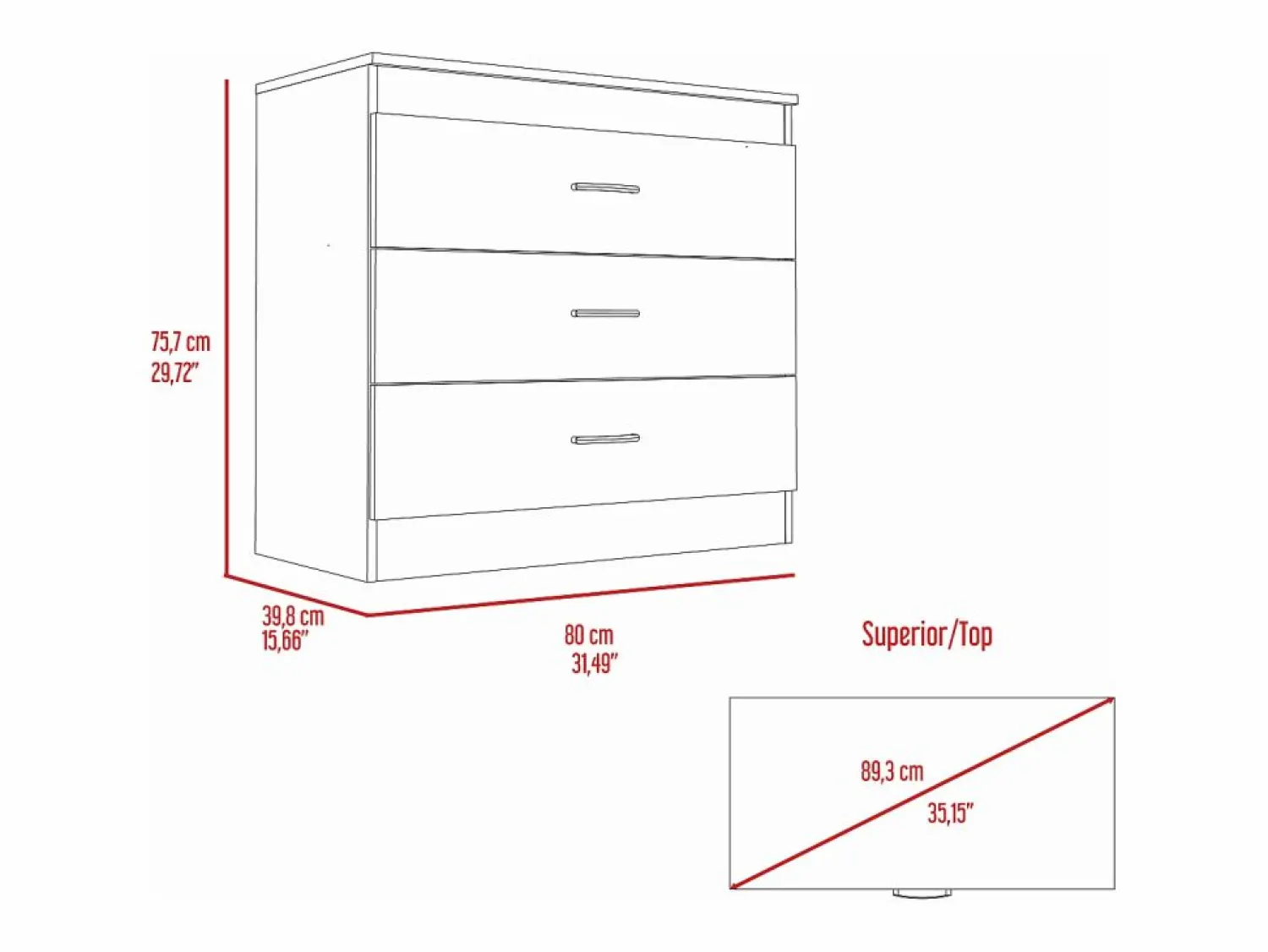 Best Comoda Melia en melamino con 3 cajones de rieles metalicos , , 75.7 cm X 80 cm X 39.8 cm Cómoda
