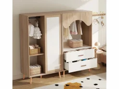Clearance Conjunto armario infantil - armario con puertas correderas + armario abierto - patas de madera maciza - blanco + natural Muebles Niño|Armario