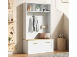Merax Conjunto armario-taquilla - 105 x 40 x 180 cm - con banco + almacenaje abierto + 2 puertas + 4 ganchos - MDF + aglomerado -