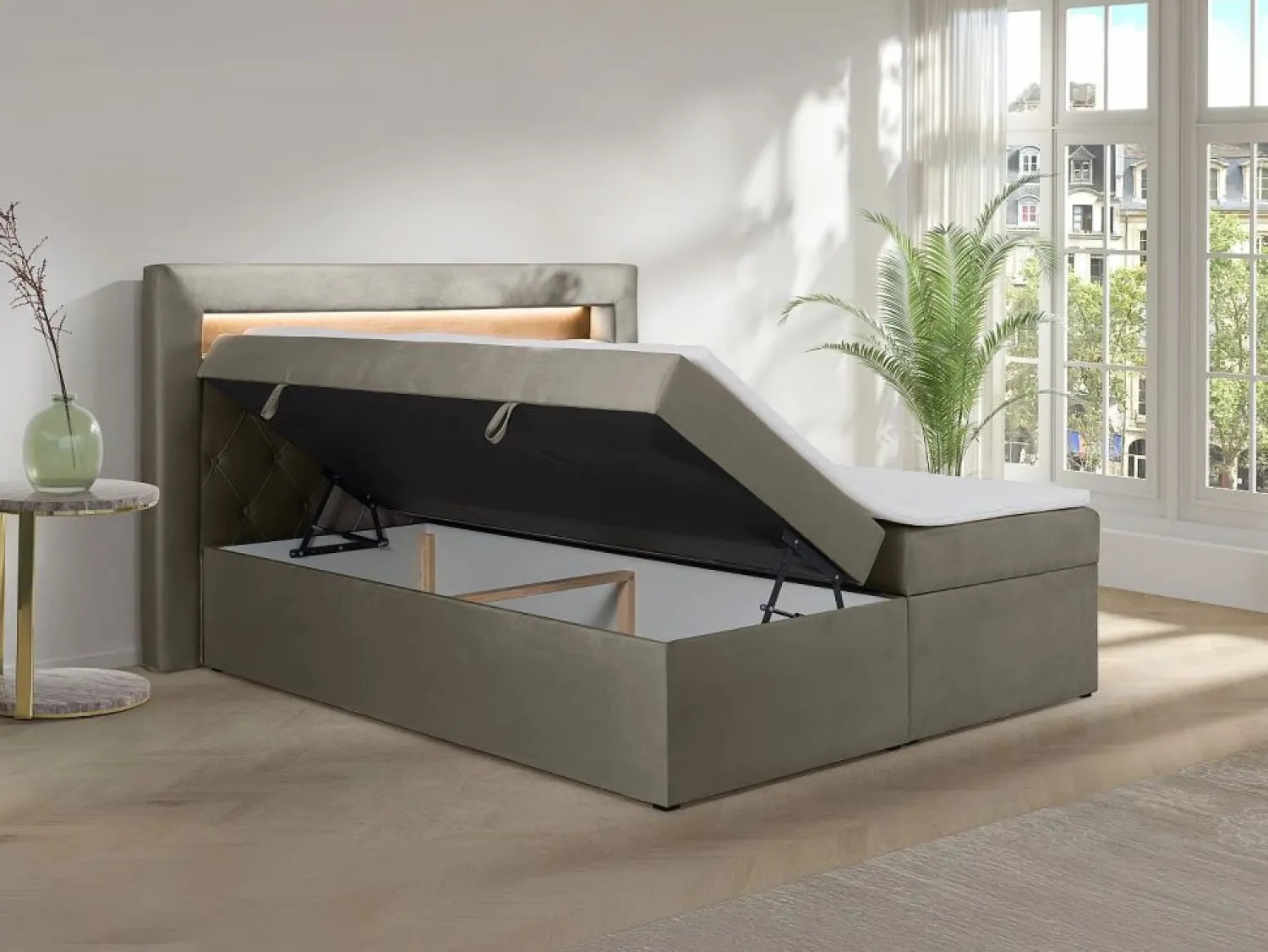 Best Conjunto completo de decoración de dormitorio con canapés abatibles - 160 x 200 - Terciopelo - - ORANA Cama Continental Boxspring