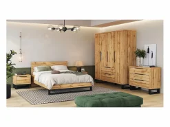 Meublorama Conjunto completo de dormitorio industrial MILOS: Armario de 4 puertas, cama 180x200, cómoda, mesitas de noche, roble crudo/negro