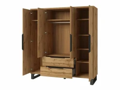 Meublorama Conjunto completo de dormitorio industrial MILOS: Armario de 4 puertas, cama 180x200, cómoda, mesitas de noche, roble crudo/negro