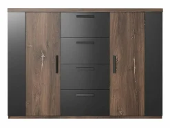 Meublorama Conjunto completo de dormitorio FOX – Cama con canapé 180x200, somier incluido, Armario, Cómoda, Mesitas de noche – Roble oscuro Marru00f3n