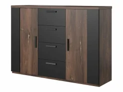 Meublorama Conjunto completo de dormitorio FOX – Cama con canapé 180x200, somier incluido, Armario, Cómoda, Mesitas de noche – Roble oscuro Marru00f3n