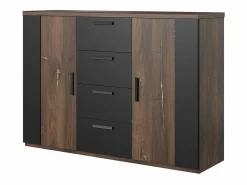 Meublorama Conjunto Completo de Dormitorio FOX – Armario de 200 cm, Cama de 180x200 con somier incluido, Cómoda, Mesitas de noche – Roble oscuro