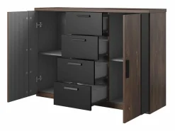 Meublorama Conjunto Completo de Dormitorio FOX – Armario de 200 cm, Cama de 180x200 con somier incluido, Cómoda, Mesitas de noche – Roble oscuro