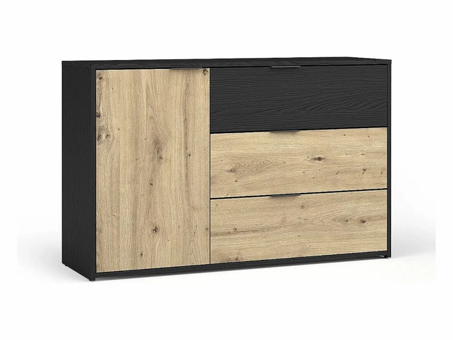 Sale Conjunto completo de dormitorio MELODY – Cama con almacenaje 180x200 + armario + cómoda + mesitas de noche – Grafito negro y roble claro – Colchón no incluido Dormitorio Completo