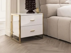 Online Vente-unique Conjunto de 2 mesitas de noche con 2 cajones MDF lacado y dorado - OMBRELIA de Pascal Morabito Blanco