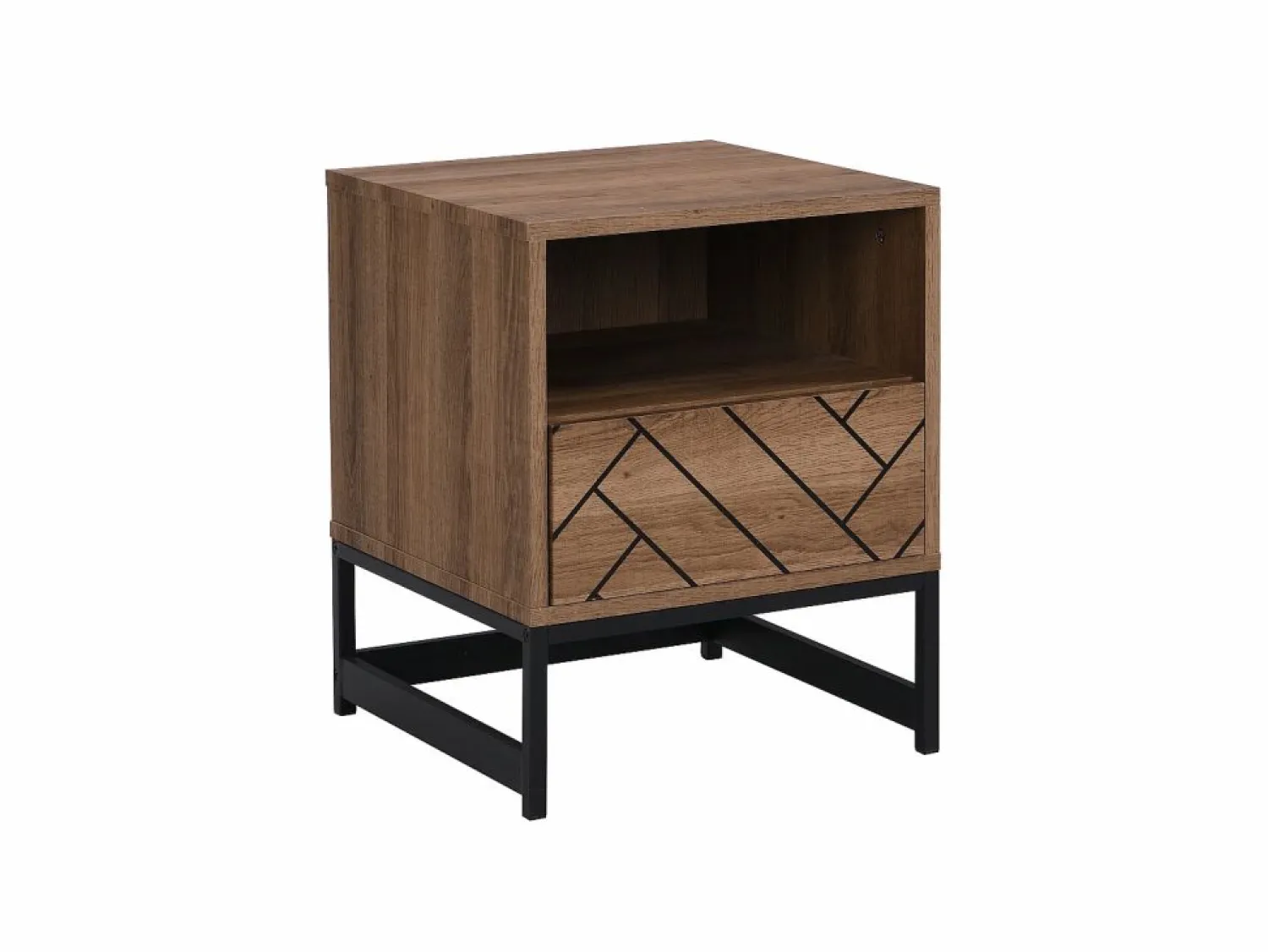 Vente-unique Conjunto de 2 mesitas de noche, 1 cajón y 1 estante abierto, MDF y acero, natural y negro - CARATANA