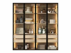 Online Merax Conjunto de 2 Muebles de Baño con LEDs - 148 x 36 x 155 cm - 4 cajones grandes y 4 puertas de cristal - Madera MDF - natural Color natural claro