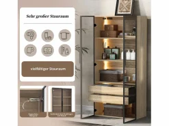 Online Merax Conjunto de 2 Muebles de Baño con LEDs - 148 x 36 x 155 cm - 4 cajones grandes y 4 puertas de cristal - Madera MDF - natural Color natural claro