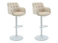 Outlet Vente-unique Conjunto de 2 taburetes de bar de terciopelo y metal blanco - Altura ajustable - Crema - PEGA Crema / Blanco