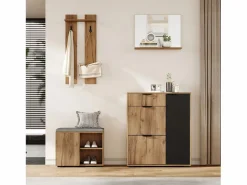 Discount Conjunto de armario de entrada - 140 x 35 x 139 cm - con banco y zapatero + 1 espejo + estante de pared - aglomerado - natural + negro Armario De Entrada