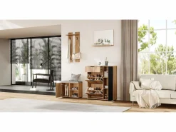 Discount Conjunto de armario de entrada - 140 x 35 x 139 cm - con banco y zapatero + 1 espejo + estante de pared - aglomerado - natural + negro Armario De Entrada