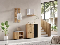 Discount Conjunto de armario de entrada - 140 x 35 x 139 cm - con banco y zapatero + 1 espejo + estante de pared - aglomerado - natural + negro Armario De Entrada