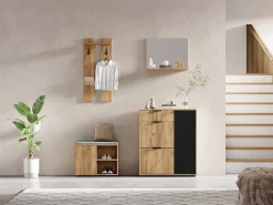 Discount Conjunto de armario de entrada - 140 x 35 x 139 cm - con banco y zapatero + 1 espejo + estante de pared - aglomerado - natural + negro Armario De Entrada