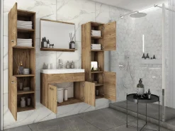 Discount Conjunto de baño colgante con lavabo, espejo y 2 columnas, castaño mate Color natural oscuro
