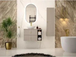Hot Conjunto de baño de cachemira 80 cm Armario con encimera y estantería Frentes ranurados Aqua Beige