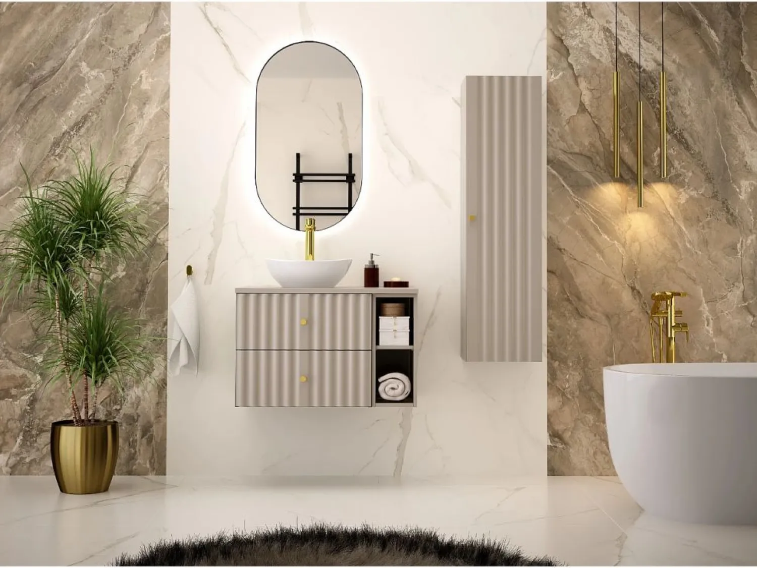 Hot Conjunto de baño de cachemira 80 cm Armario con encimera y estantería Frentes ranurados Aqua Beige