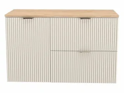 New Conjunto de baño de cachemira 100 cm Armario Encimera Nogal Armario con cesta Columna Frentes ranurados Beige