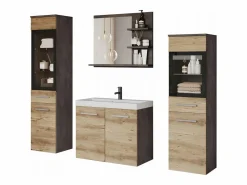 Clearance Conjunto de baño, muebles suspendidos con lavabo, 2 columnas y espejo con estantes, matera / castaño de Breslau mate Multicolor