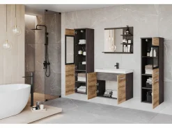 Clearance Conjunto de baño, muebles suspendidos con lavabo, 2 columnas y espejo con estantes, matera / castaño de Breslau mate Multicolor
