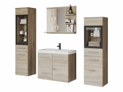Sale Conjunto de baño, muebles suspendidos con lavabo, 2 columnas y espejo con estantes, san remo mate Color natural claro