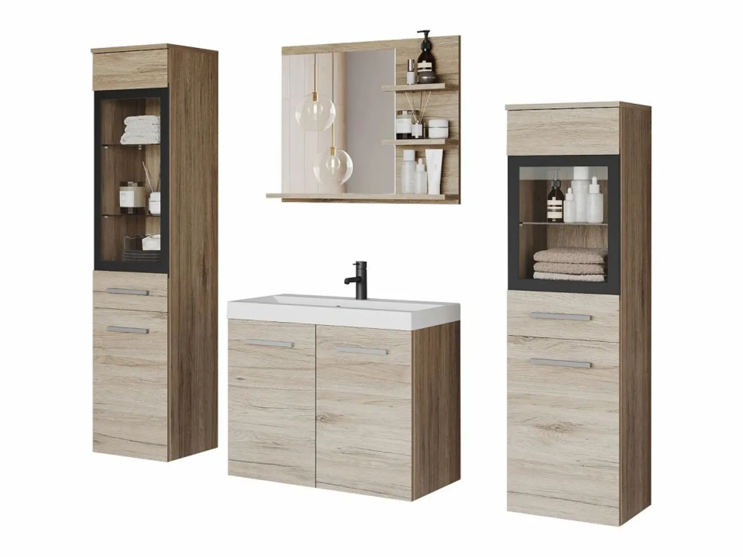 Sale Conjunto de baño, muebles suspendidos con lavabo, 2 columnas y espejo con estantes, san remo mate Color natural claro