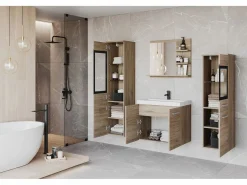 Sale Conjunto de baño, muebles suspendidos con lavabo, 2 columnas y espejo con estantes, san remo mate Color natural claro