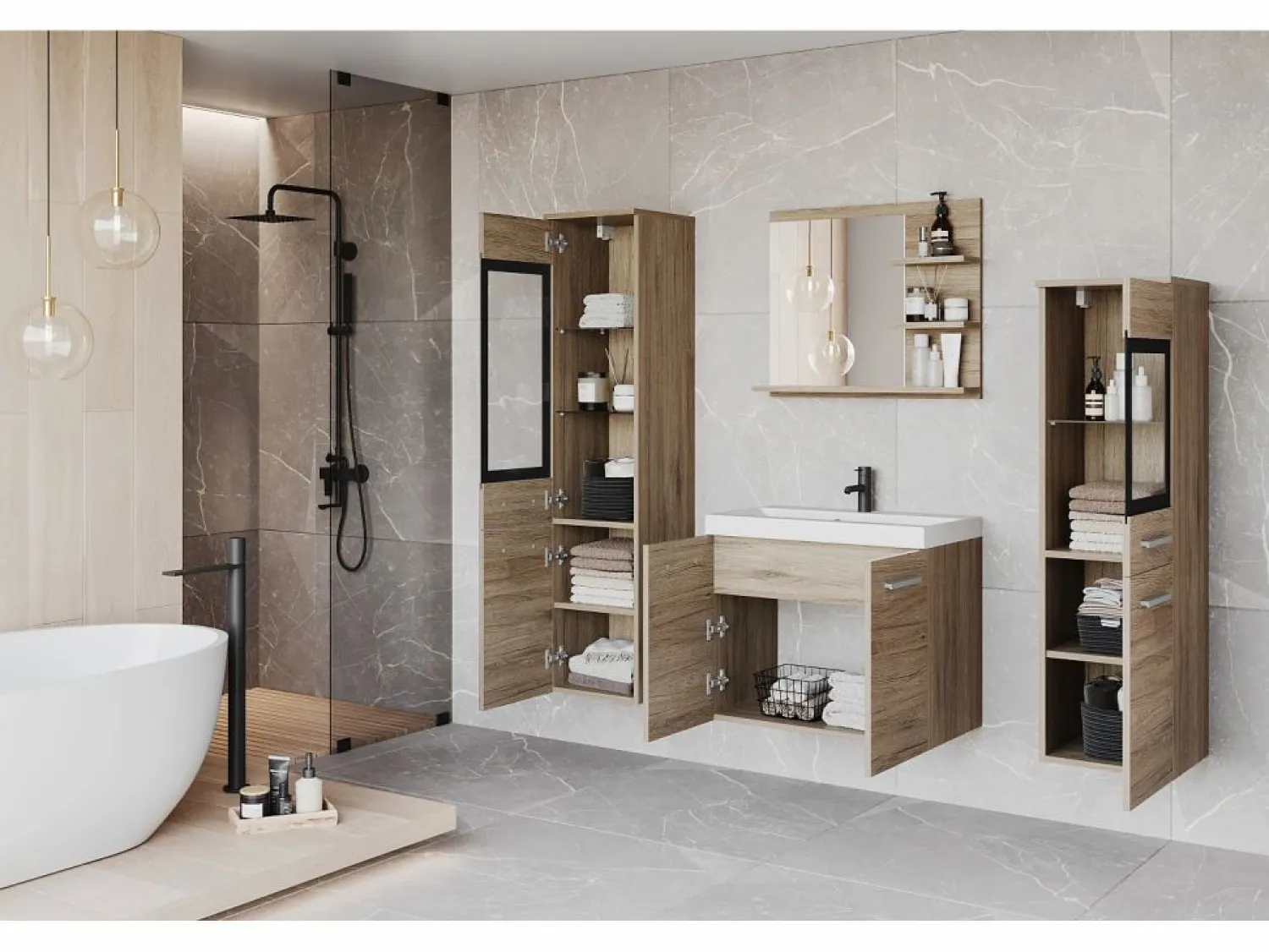 Sale Conjunto de baño, muebles suspendidos con lavabo, 2 columnas y espejo con estantes, san remo mate Color natural claro