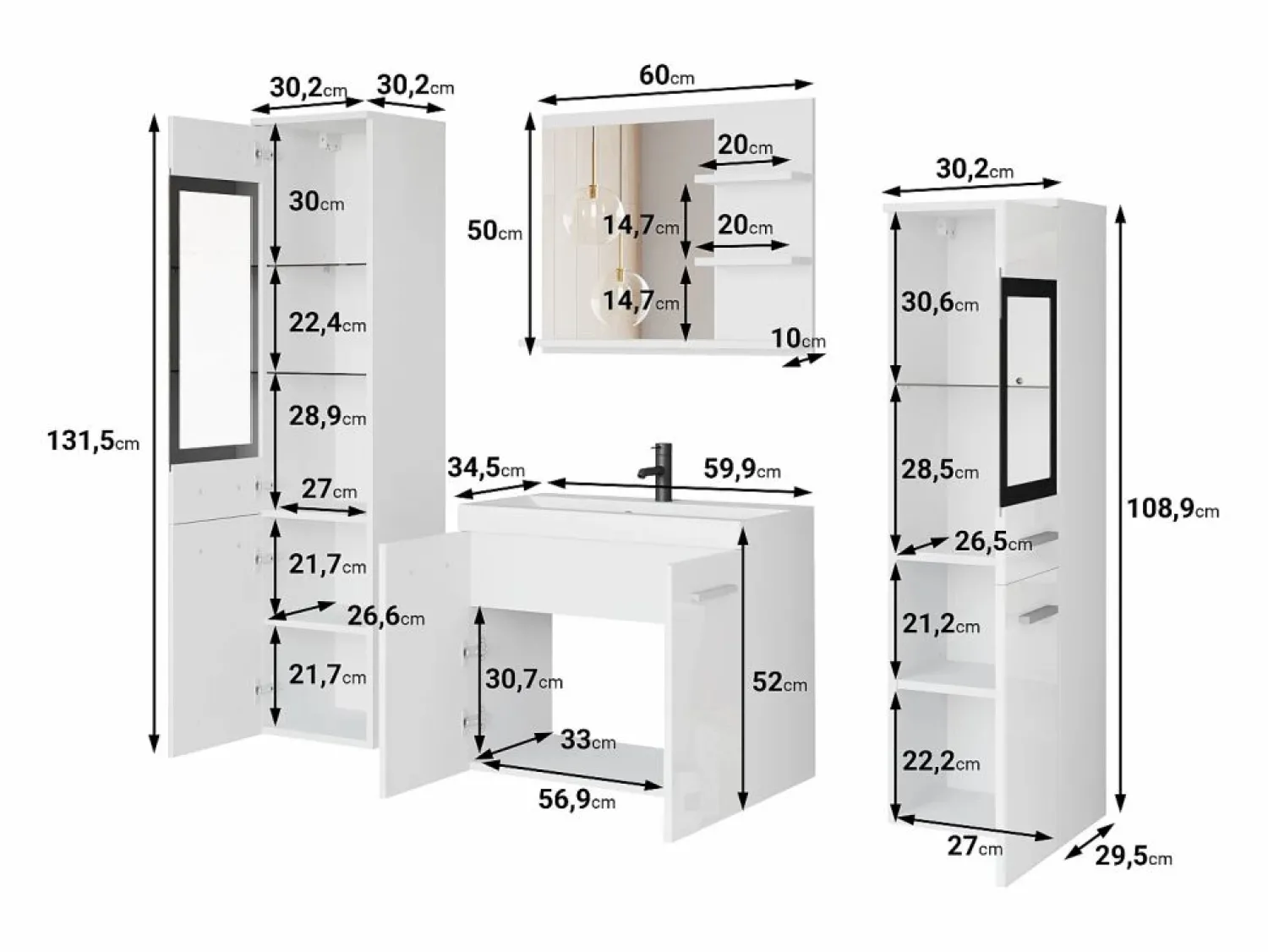 Sale Conjunto de baño, muebles suspendidos con lavabo, 2 columnas y espejo con estantes, san remo mate Color natural claro