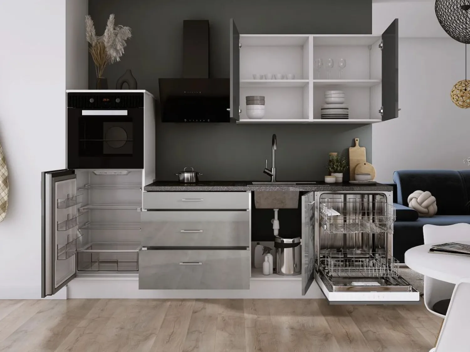 Conjunto de cocina: Blanco Mate, Brillo, dimensiones: ancho: 250 cm, alto: 220 cm, fondo: 60 cm Cocina Completa