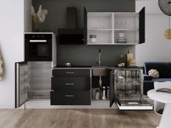 Clearance Conjunto de cocina: Blanco Mate, Mate, dimensiones: largo: 250 cm, alto: 220 cm, fondo: 60 cm Negro