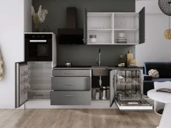 Hot Conjunto de cocina: Blanco Mate, Gris Mate, dimensiones: largo: 250 cm, alto: 220 cm, fondo: 60 cm Gris antracita