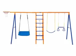 Outlet Conjunto de columpios 6 en 1 SucceBuy 200 kg Metal 2 columpios Escalera Red Baloncesto para el jardín Diseño estable Asiento UV Manijas seguras Columpio