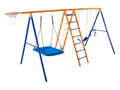 Outlet Conjunto de columpios 6 en 1 SucceBuy 200 kg Metal 2 columpios Escalera Red Baloncesto para el jardín Diseño estable Asiento UV Manijas seguras Columpio