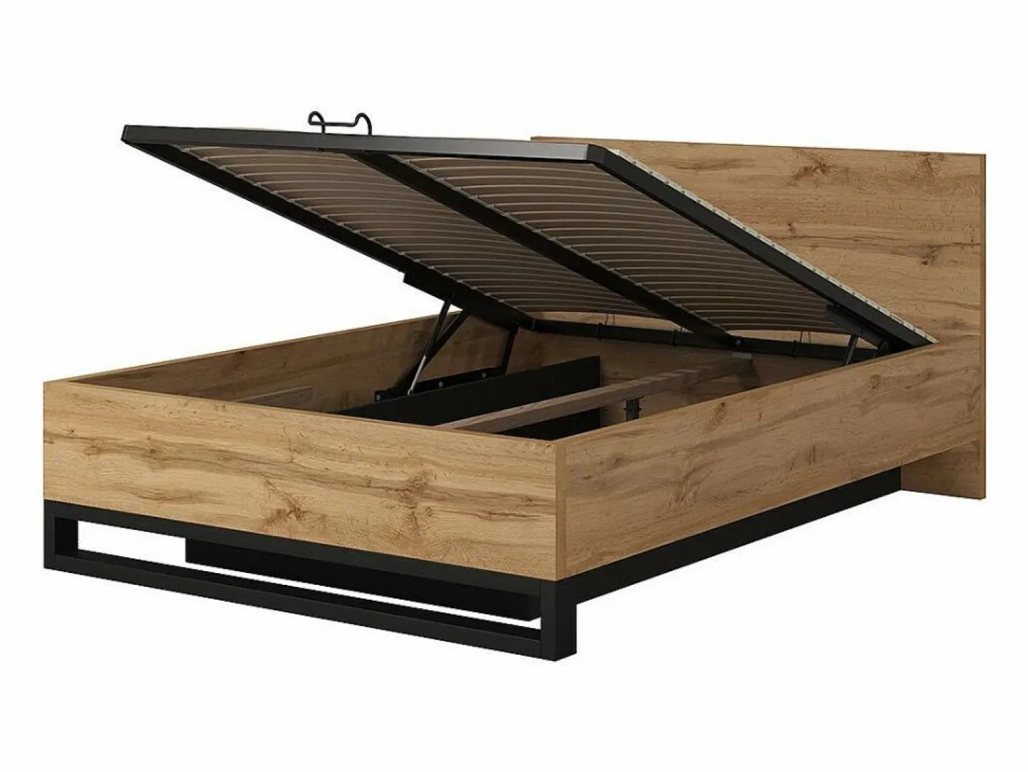 Meublorama Conjunto de dormitorio industrial MILOS: Armario, cama con almacenaje 160x200, cómoda, mesitas de noche, roble crudo/negro