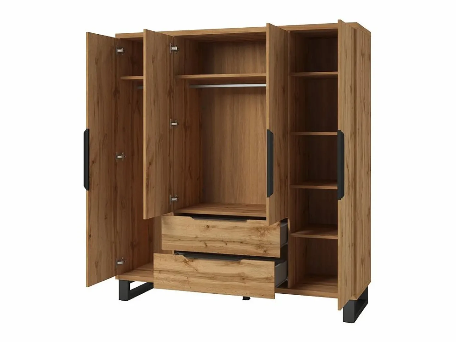 Meublorama Conjunto de dormitorio industrial MILOS: Armario, cama con almacenaje 160x200, cómoda, mesitas de noche, roble crudo/negro