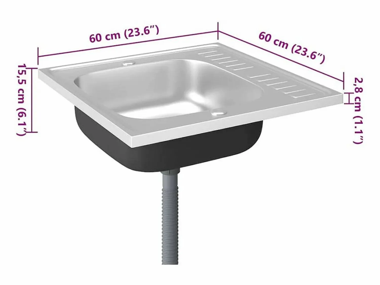Conjunto de fregadero y escurridor de cocina plata 600x600x155 mm acero inoxidable