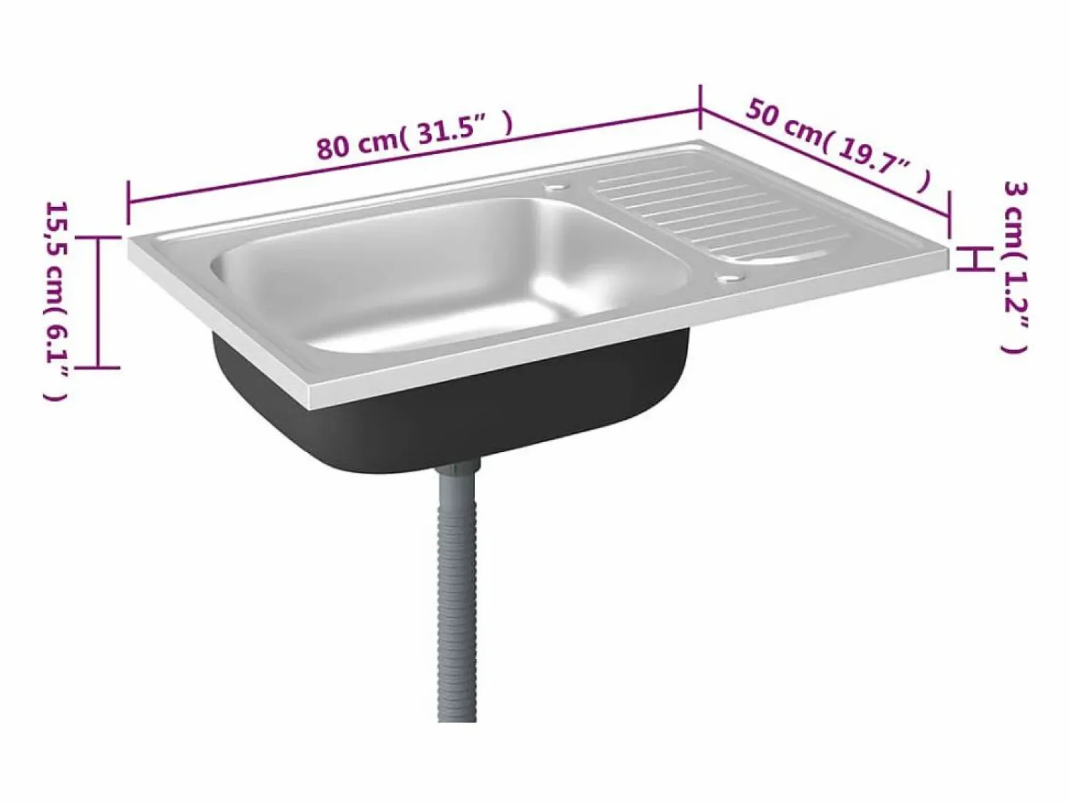 Conjunto de fregadero y escurridor de cocina plata 800x500x155 mm acero inoxidable