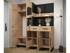 New Abiks Möbel Conjunto de guardarropa Artin 15 196/158/46 (Roble/Manila 18) Negro / Color natural claro
